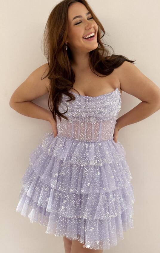 A Line Strapless Short/Mini Tulle Tiered Homecoming Dresses With Ruffles