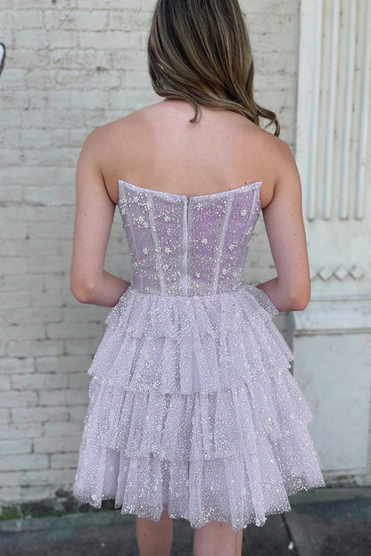 A Line Strapless Short/Mini Tulle Tiered Homecoming Dresses With Ruffles