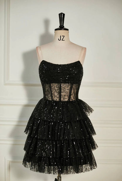 A-Line Strapless Sleeveless Black Sequin Homecoming Dress