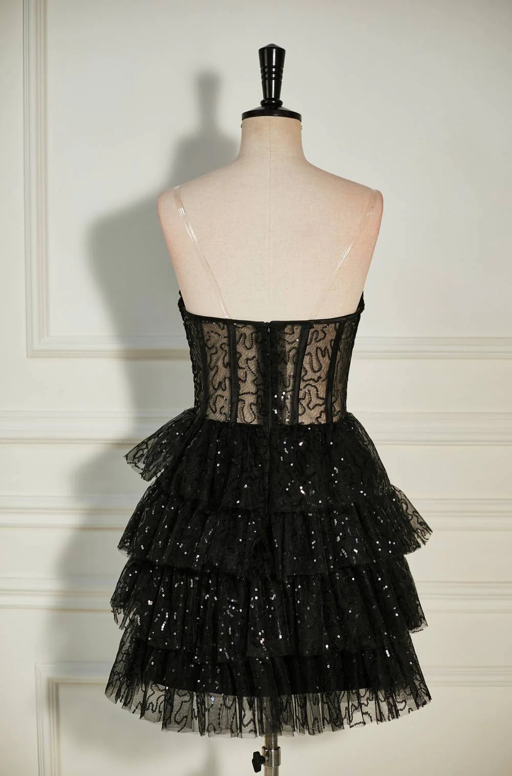 A-Line Strapless Sleeveless Black Sequin Homecoming Dress