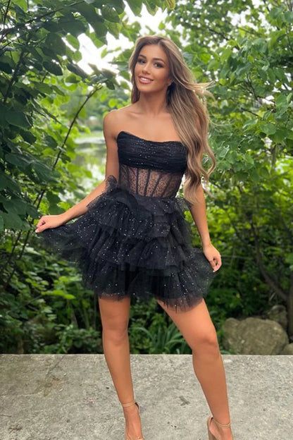 A-Line Strapless Sleeveless Black Sequin Homecoming Dress