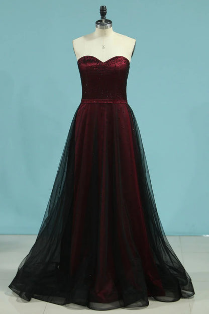 A Line Sweetheart Party Dresses With Beading Tulle Floor Length