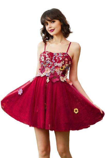 A Line Sweetheart Spaghetti Straps with 3D Flower Homecoming Dresses