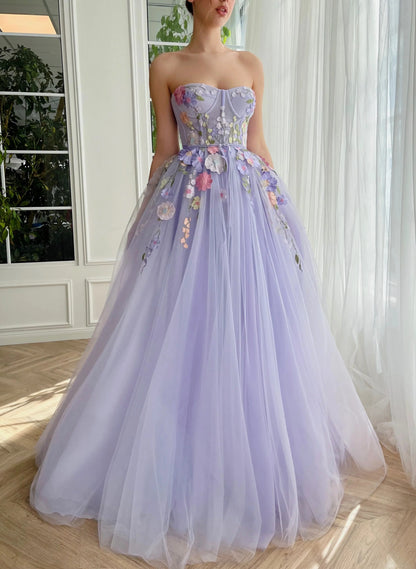 A Line Sweetheart Tulle Long Evening Dresses Prom Dresses With 3D Flower