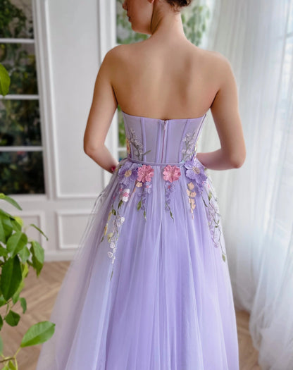 A Line Sweetheart Tulle Long Evening Dresses Prom Dresses With 3D Flower