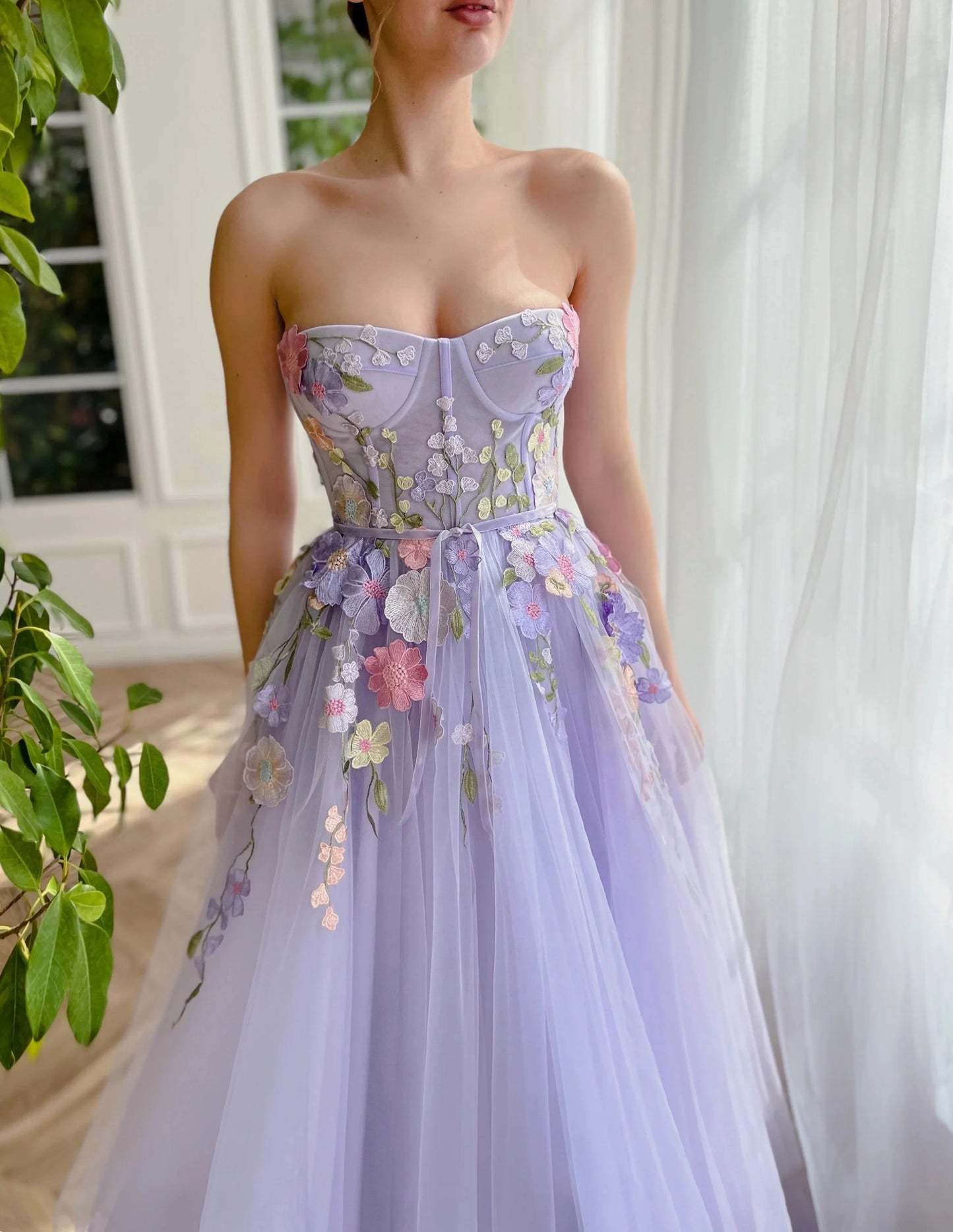 A Line Sweetheart Tulle Long Evening Dresses Prom Dresses With 3D Flower