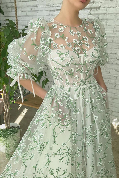 A Line Tea-Length Appliques Short Sleeve Floral Tulle Short Homecoming Dress