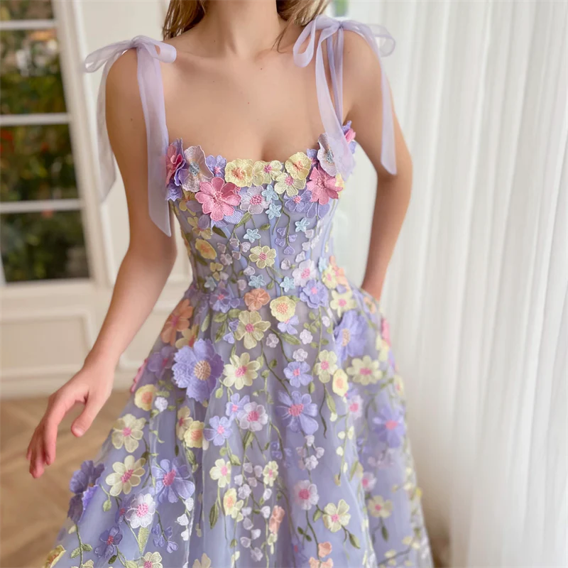 A Line Tull Straps Homecoming Dresses with 3D Flowers Teen Dresses