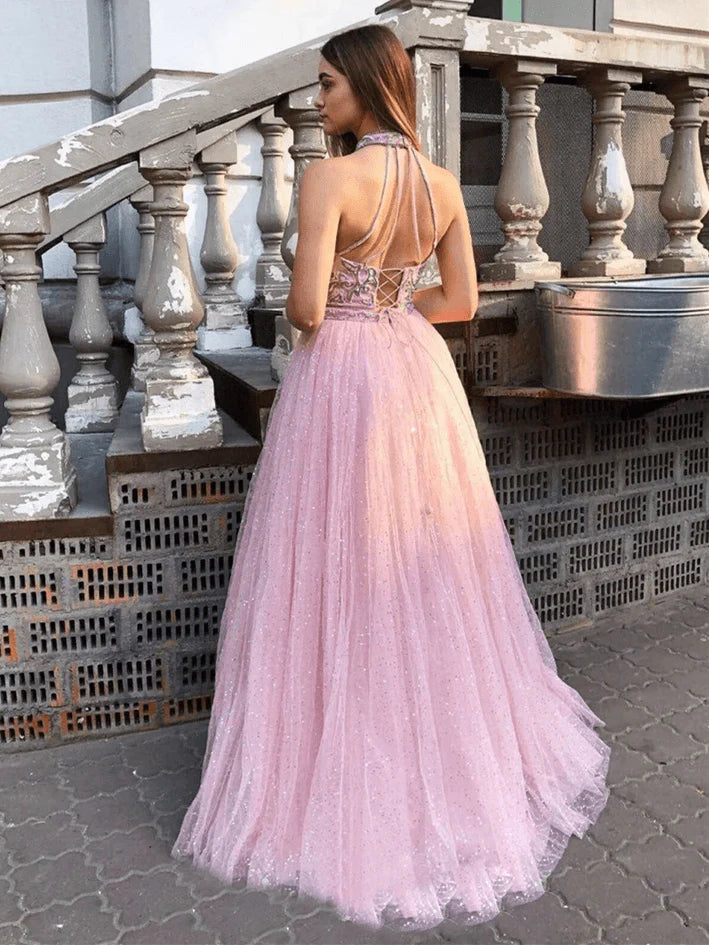 A-Line Tulle Halter Open Back Long Prom Dresses Sleeveless Evening Dresses