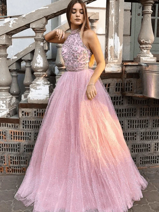 A-Line Tulle Halter Open Back Long Prom Dresses Sleeveless Evening Dresses