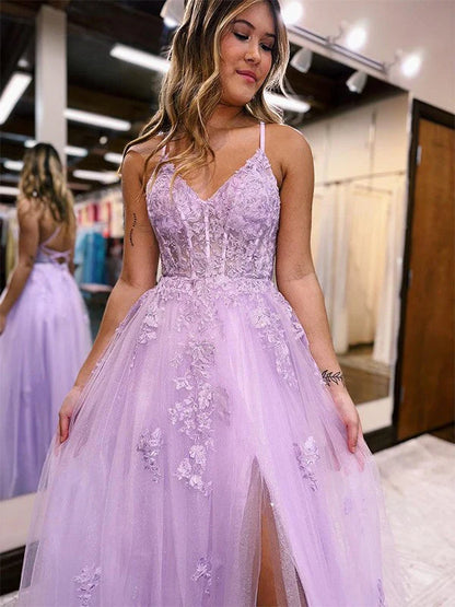 A Line Tulle Lace Appliques Purple V Neck Prom Dresses Cheap Evening Dresses