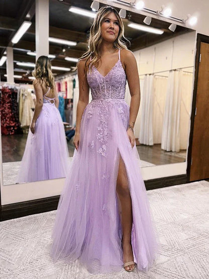 A Line Tulle Lace Appliques Purple V Neck Prom Dresses Cheap Evening Dresses