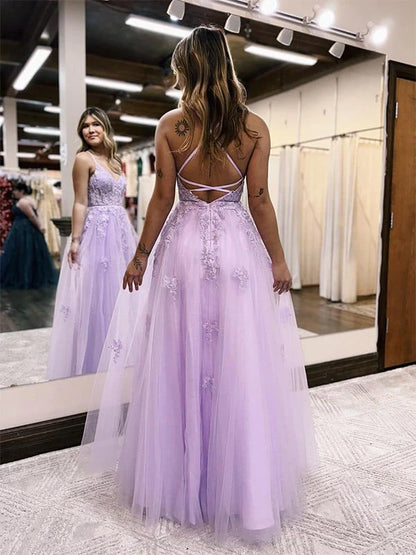 A Line Tulle Lace Appliques Purple V Neck Prom Dresses Cheap Evening Dresses