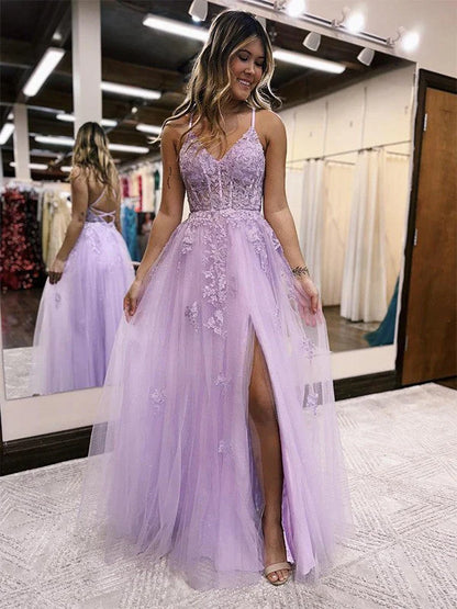 A Line Tulle Lace Appliques Purple V Neck Prom Dresses Cheap Evening Dresses