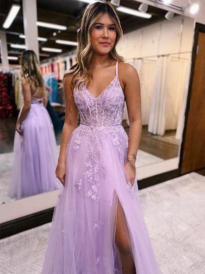 A Line Tulle Lace Appliques Purple V Neck Prom Dresses Cheap Evening Dresses