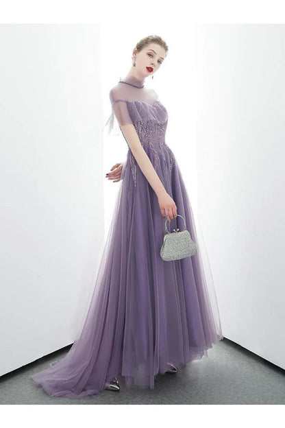 A-Line Tulle Long High Neck Prom Dresses With Ruffles Formal Evening Dress