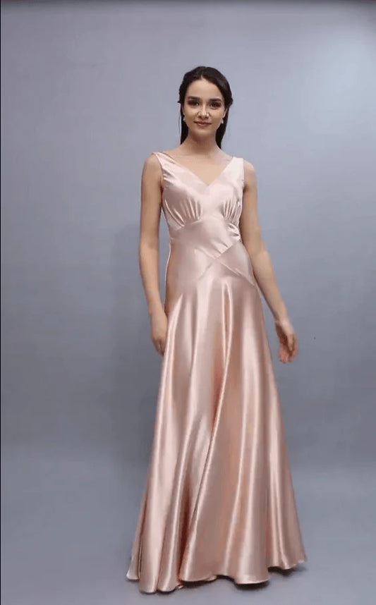 A Line V Neck Bridesmaid Dresses Open Back Stretch Satin Floor Length