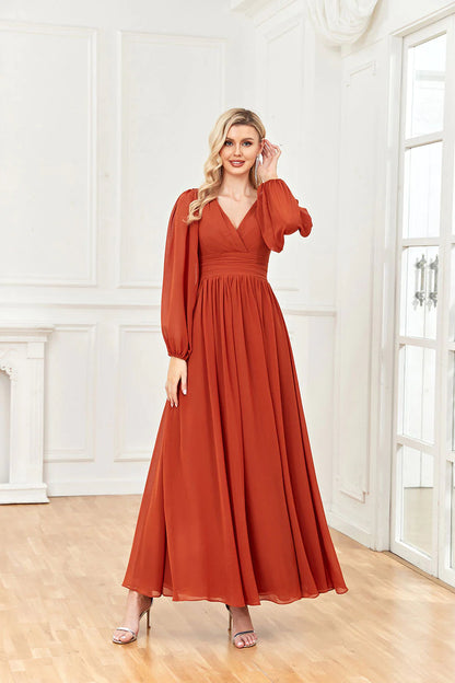 A Line V Neck Long Sleeves Chiffon Prom Formal Dresses With Ruffles