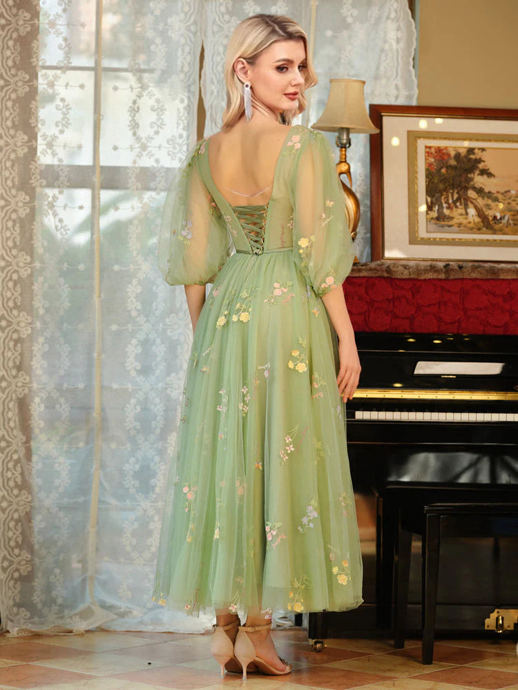 A Line V Neck Long Sleeves Homecoming Dresses Tulle With Embroidery