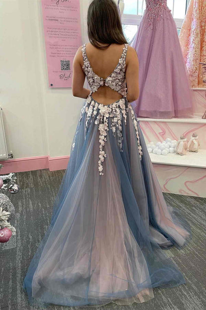 A Line V Neck Open Back Tulle With Applique Prom Dresses