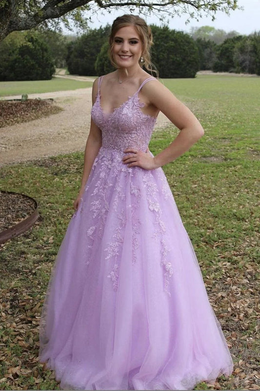 A Line V Neck Purple Lace Long Prom Dress, Purple Lilac Lace Formal Dress