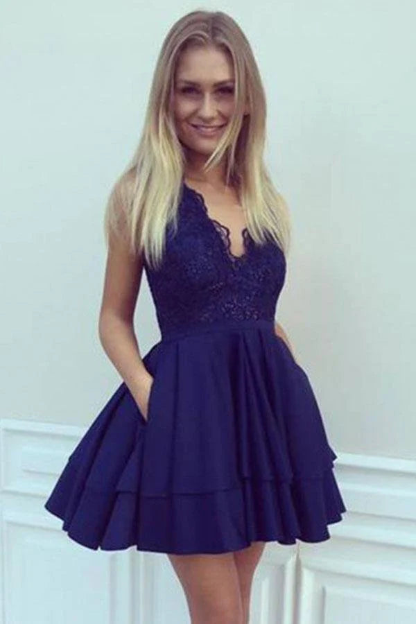 A-Line V Neck Short Navy Blue Satin Homecoming Dresses with Lace Sequins Pockets