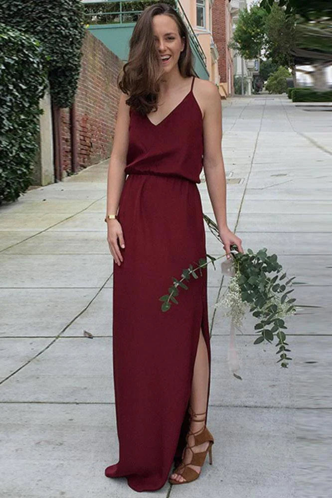 A Line V Neck Spaghetti Straps Burgundy Bridesmaid Dresses Sweetheart Slit Prom Dress