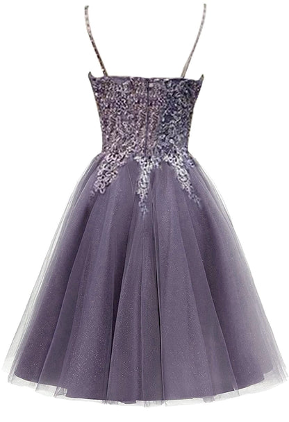 A Line V Neck Tulle Homecoming Dresses Lace Appliques