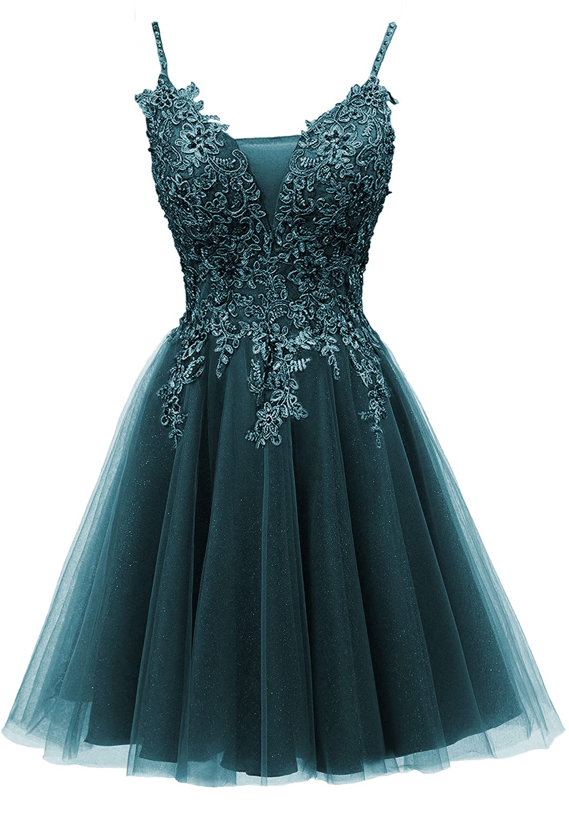 A Line V Neck Tulle Homecoming Dresses Lace Appliques