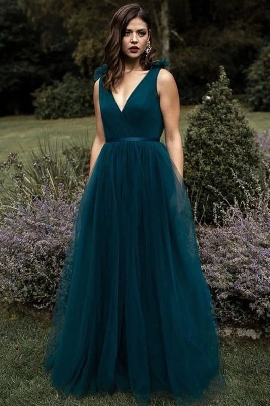 A Line V Neck and V Back Peacock Blue Long Prom Dress