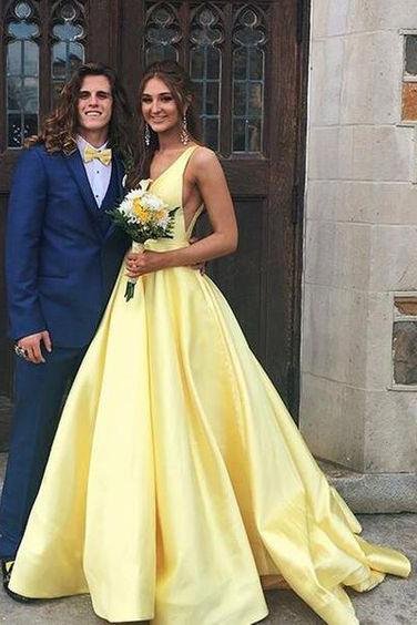 V Neck Prom Dresses Satin Backless Lace up Long Evening Dresses