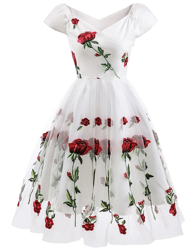 A-Line/Princess Off-The-Shoulder Knee Length Short Sleeves Party Dresses With Embroidery Appliques