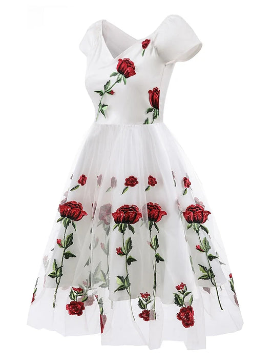 A-Line/Princess Off-The-Shoulder Knee Length Short Sleeves Party Dresses With Embroidery Appliques