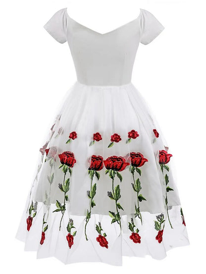 A-Line/Princess Off-The-Shoulder Knee Length Short Sleeves Party Dresses With Embroidery Appliques