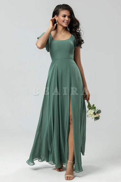 Beaira A-Line Eucalyptus Long Bridesmaid Dress with Ruffles Bridesmaid dress shop