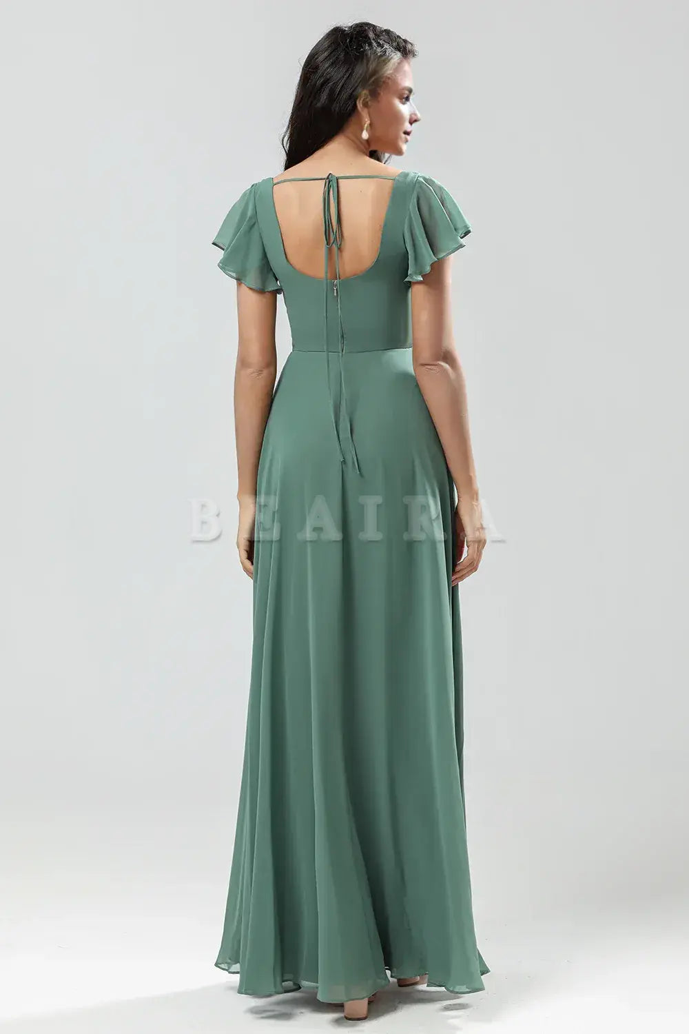 Beaira A-Line Eucalyptus Long Bridesmaid Dress with Ruffles Bridesmaid dress shop