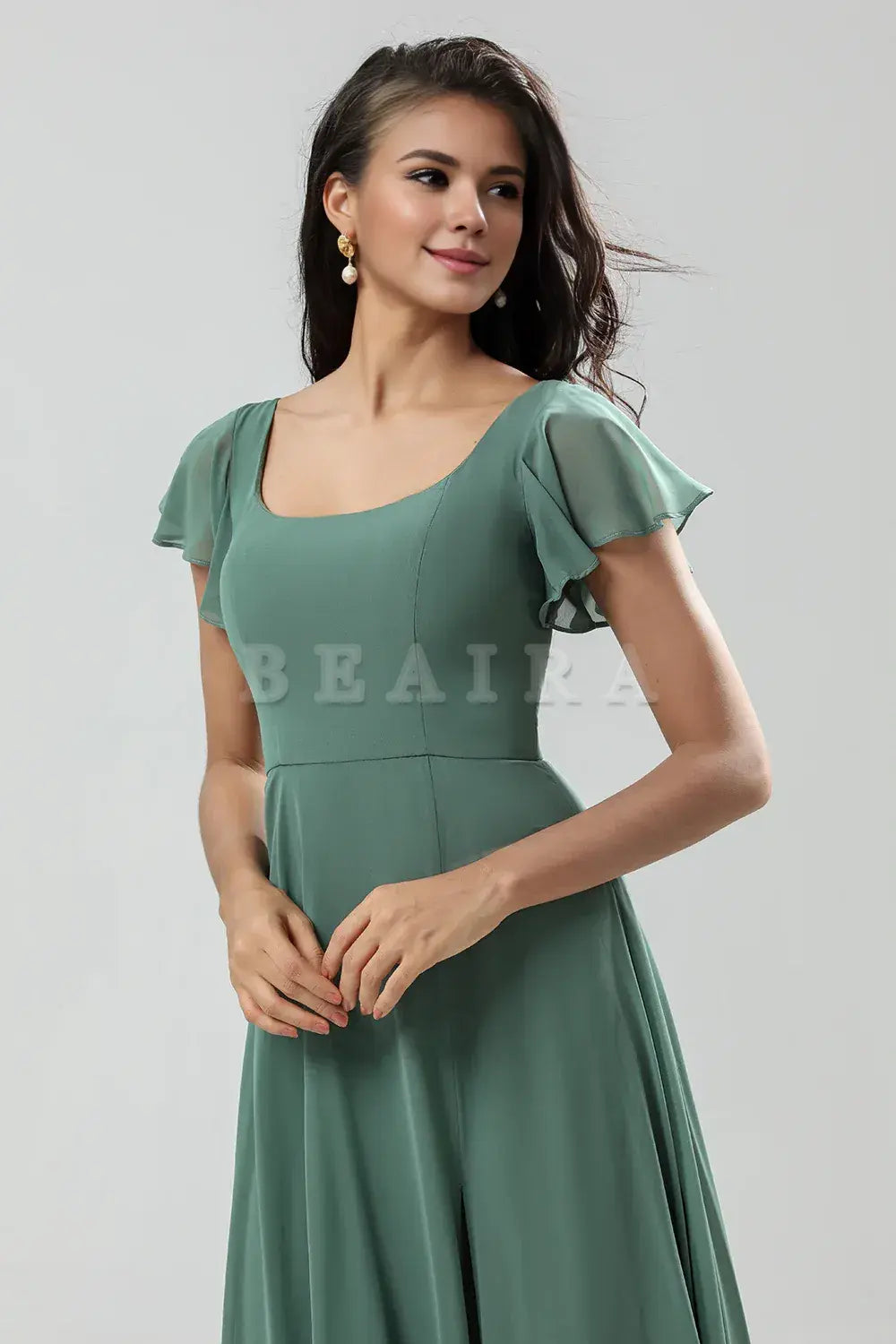 Beaira A-Line Eucalyptus Long Bridesmaid Dress with Ruffles Bridesmaid dress shop