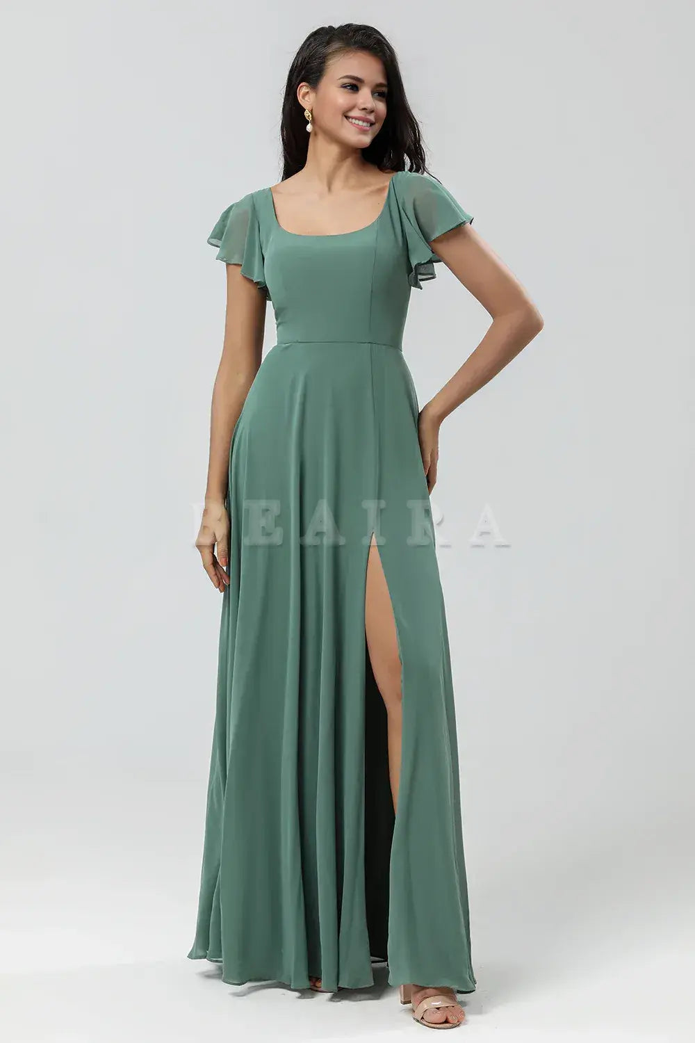 Beaira A-Line Eucalyptus Long Bridesmaid Dress with Ruffles Bridesmaid dress shop