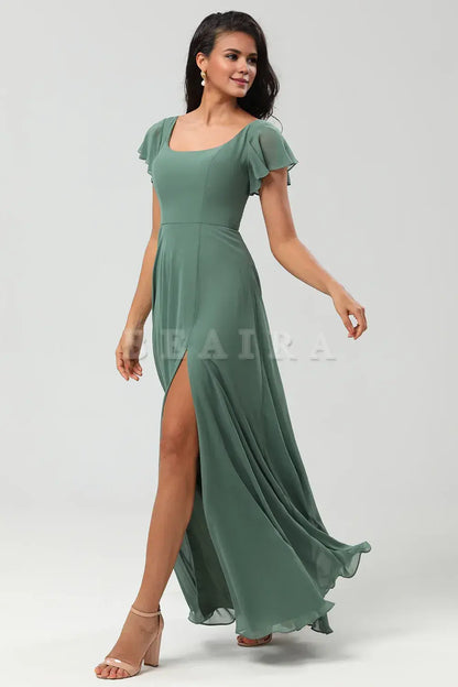 Beaira A-Line Eucalyptus Long Bridesmaid Dress with Ruffles Bridesmaid dress shop