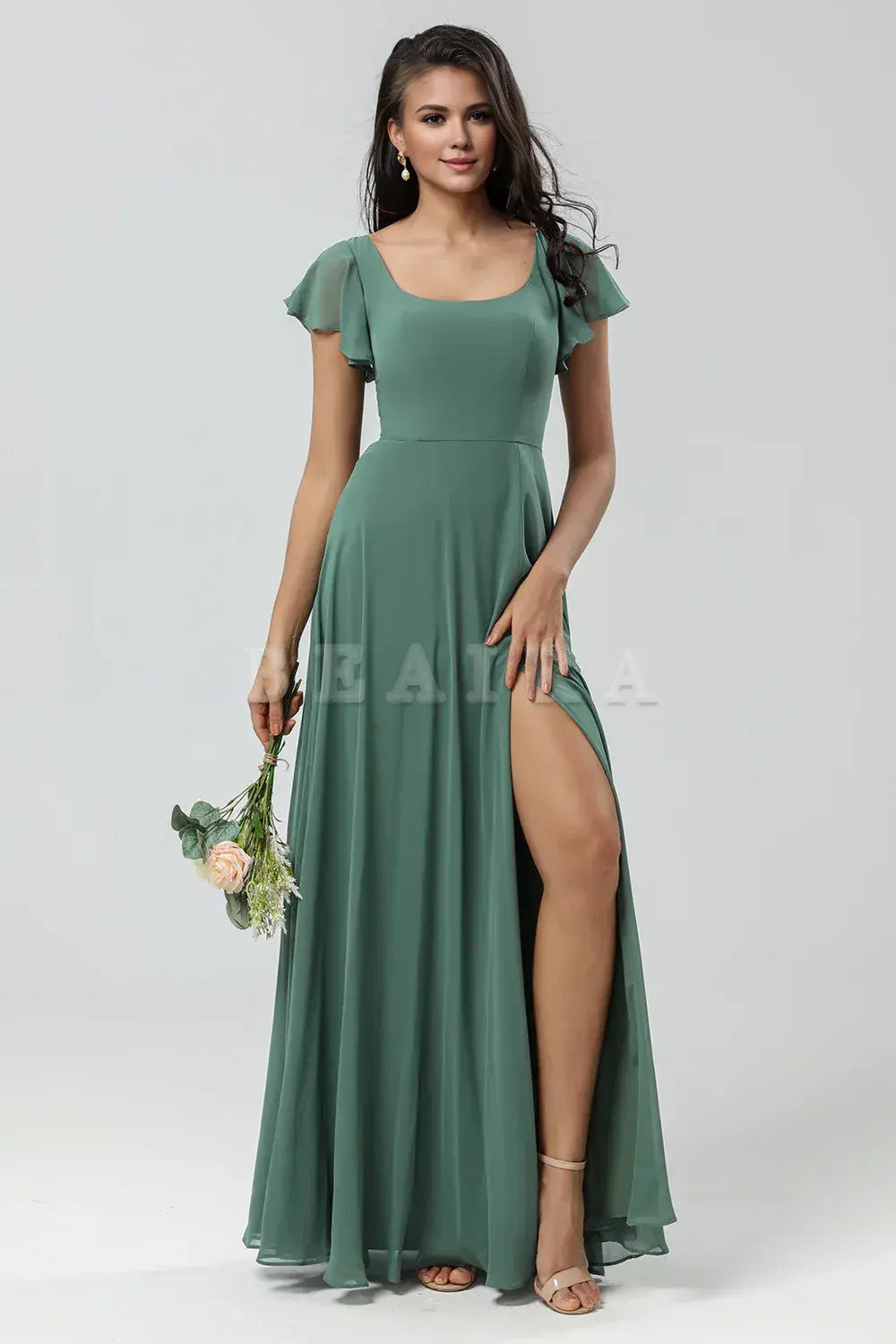 Beaira A-Line Eucalyptus Long Bridesmaid Dress with Ruffles Bridesmaid dress shop