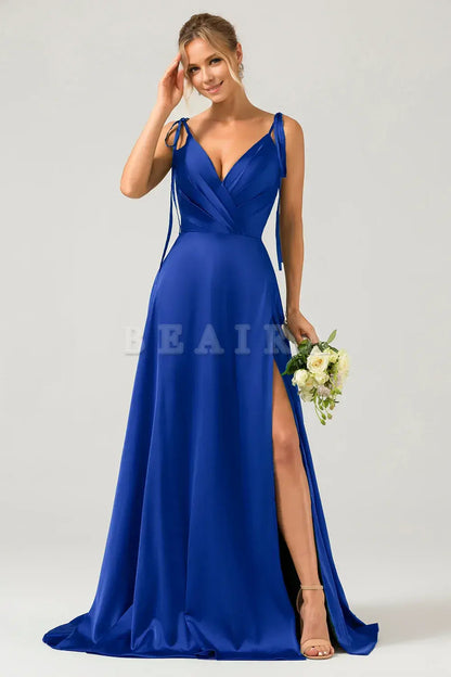 Beaira A-Line Spaghetti Straps Pleated Satin Long Royal Blue Bridesmaid Dress With Slit Bridesmaid dress shop