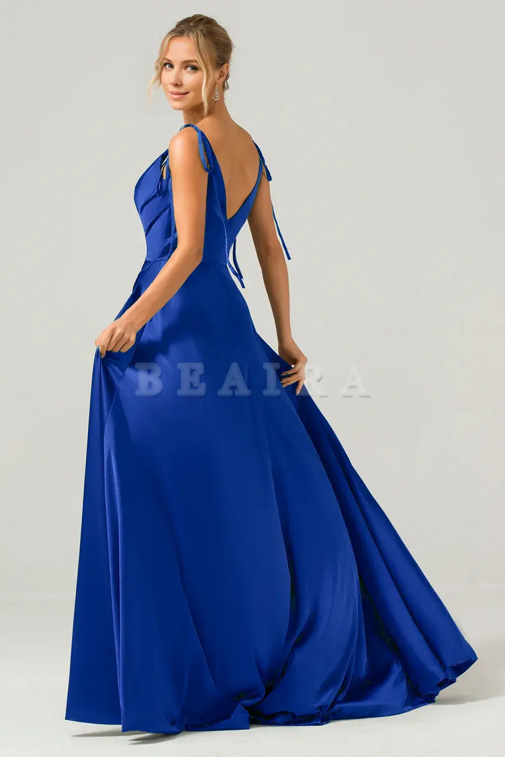 Beaira A-Line Spaghetti Straps Pleated Satin Long Royal Blue Bridesmaid Dress With Slit Bridesmaid dress shop