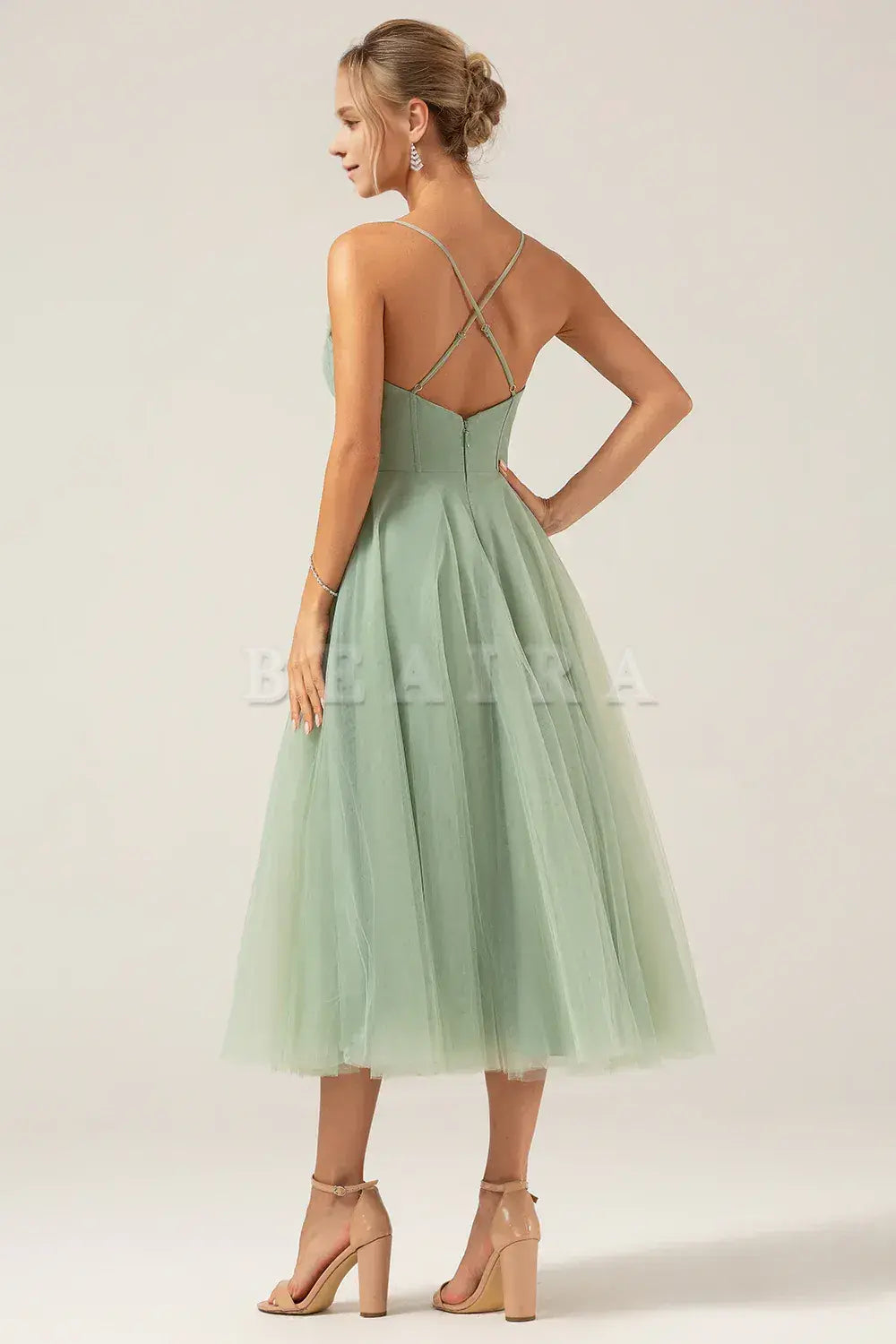 Beaira A-Line Spaghetti Straps Tea-Length Corset Tulle Matcha Bridesmaid Dress Bridesmaid dress shop