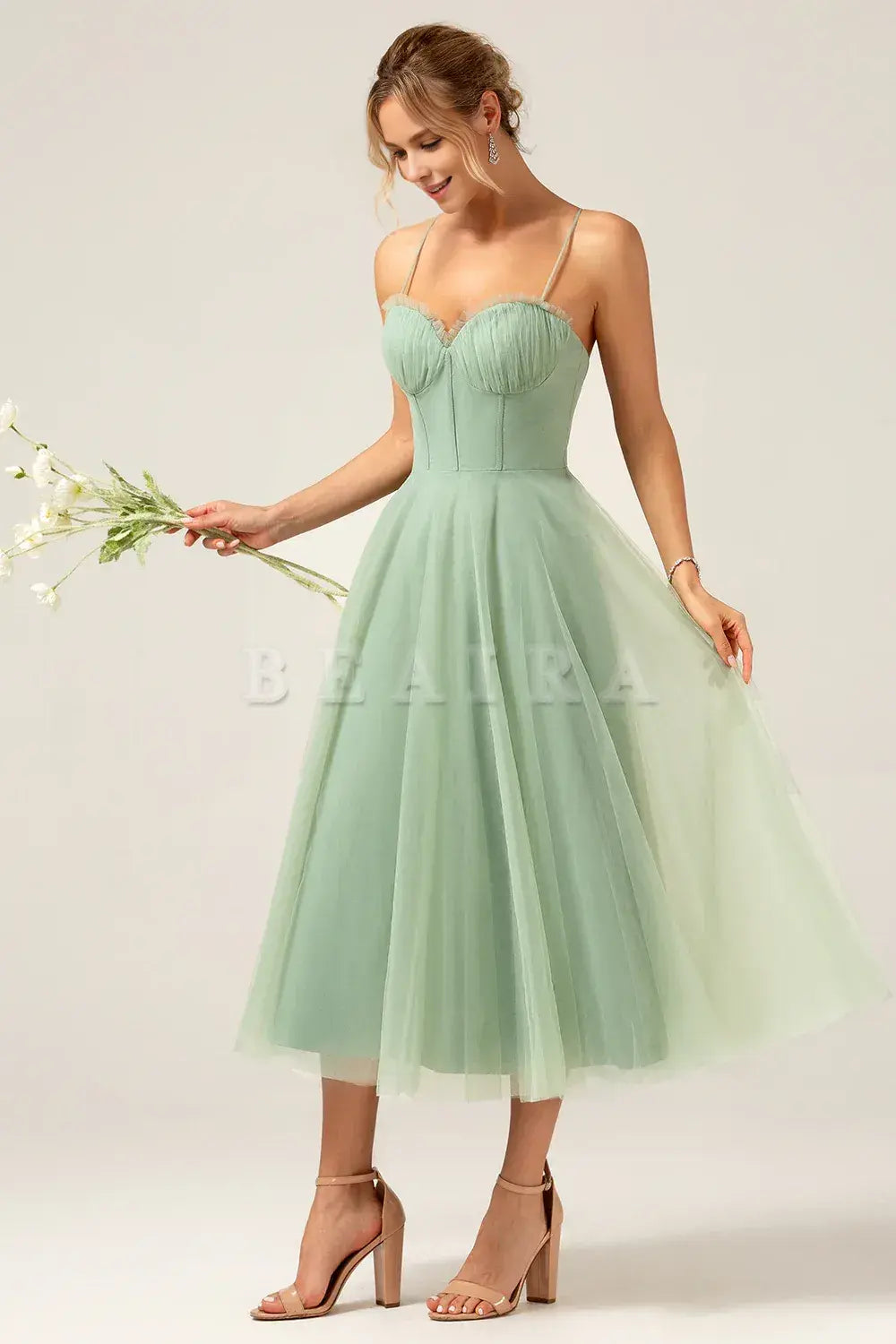 Beaira A-Line Spaghetti Straps Tea-Length Corset Tulle Matcha Bridesmaid Dress Bridesmaid dress shop