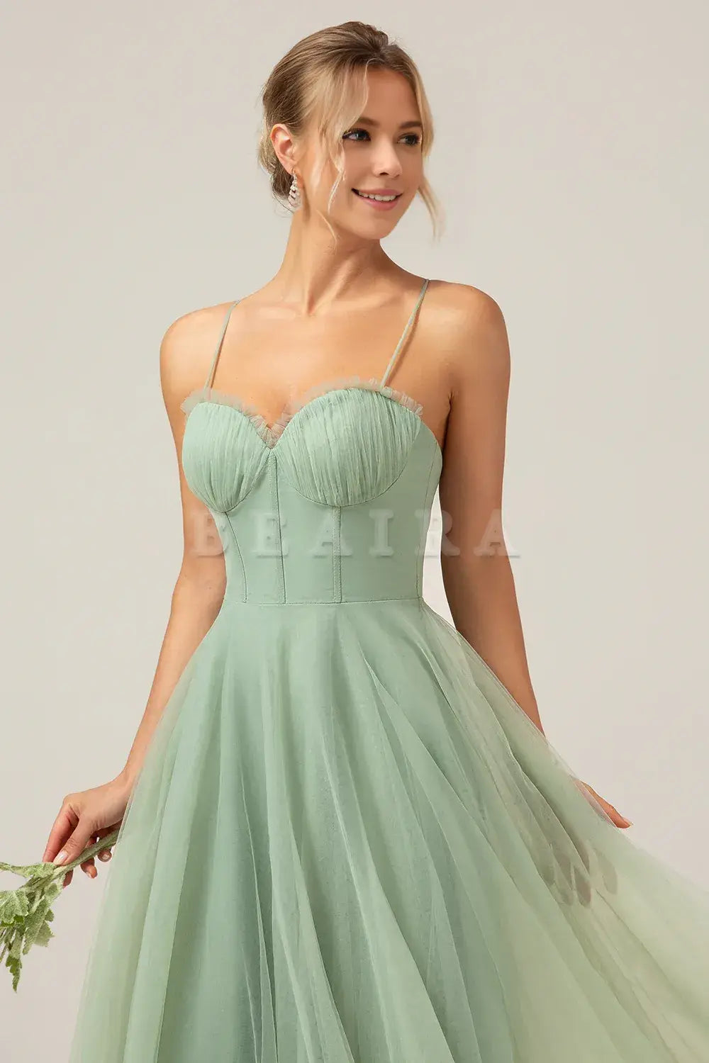 Beaira A-Line Spaghetti Straps Tea-Length Corset Tulle Matcha Bridesmaid Dress Bridesmaid dress shop