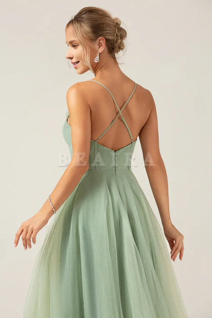 Beaira A-Line Spaghetti Straps Tea-Length Corset Tulle Matcha Bridesmaid Dress Bridesmaid dress shop