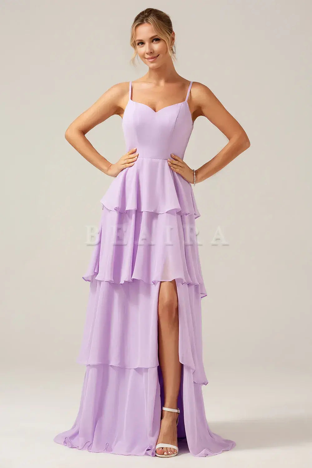 Beaira A-Line Spaghetti Straps Tiered Floor Length Lilac Bridesmaid Dress With Slit Bridesmaid dress shop