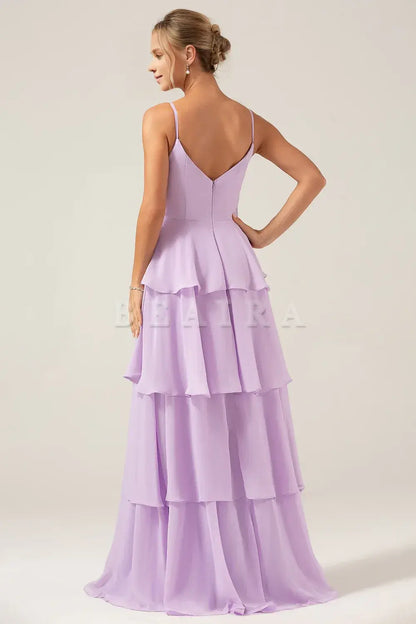 Beaira A-Line Spaghetti Straps Tiered Floor Length Lilac Bridesmaid Dress With Slit Bridesmaid dress shop