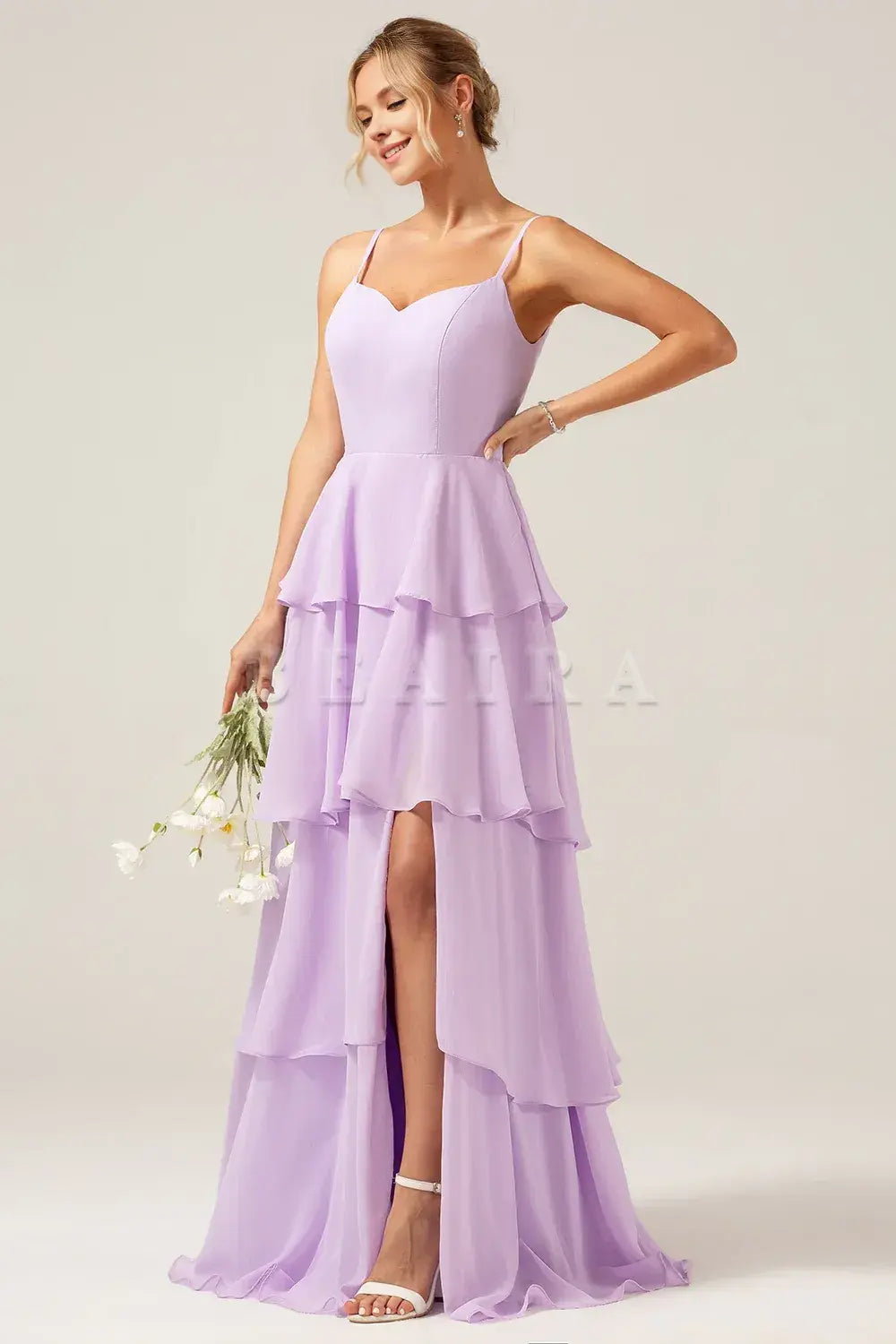 Beaira A-Line Spaghetti Straps Tiered Floor Length Lilac Bridesmaid Dress With Slit Bridesmaid dress shop