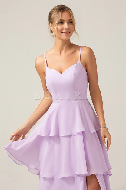 Beaira A-Line Spaghetti Straps Tiered Floor Length Lilac Bridesmaid Dress With Slit Bridesmaid dress shop